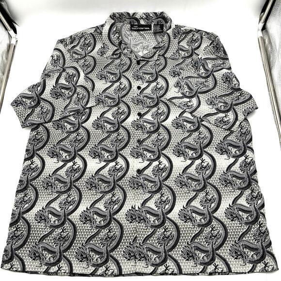 Vintage 90s No Boundaries Gray Allover Dragon Print Button Down Baggy Shirt L 50 - Picture 4 of 9
